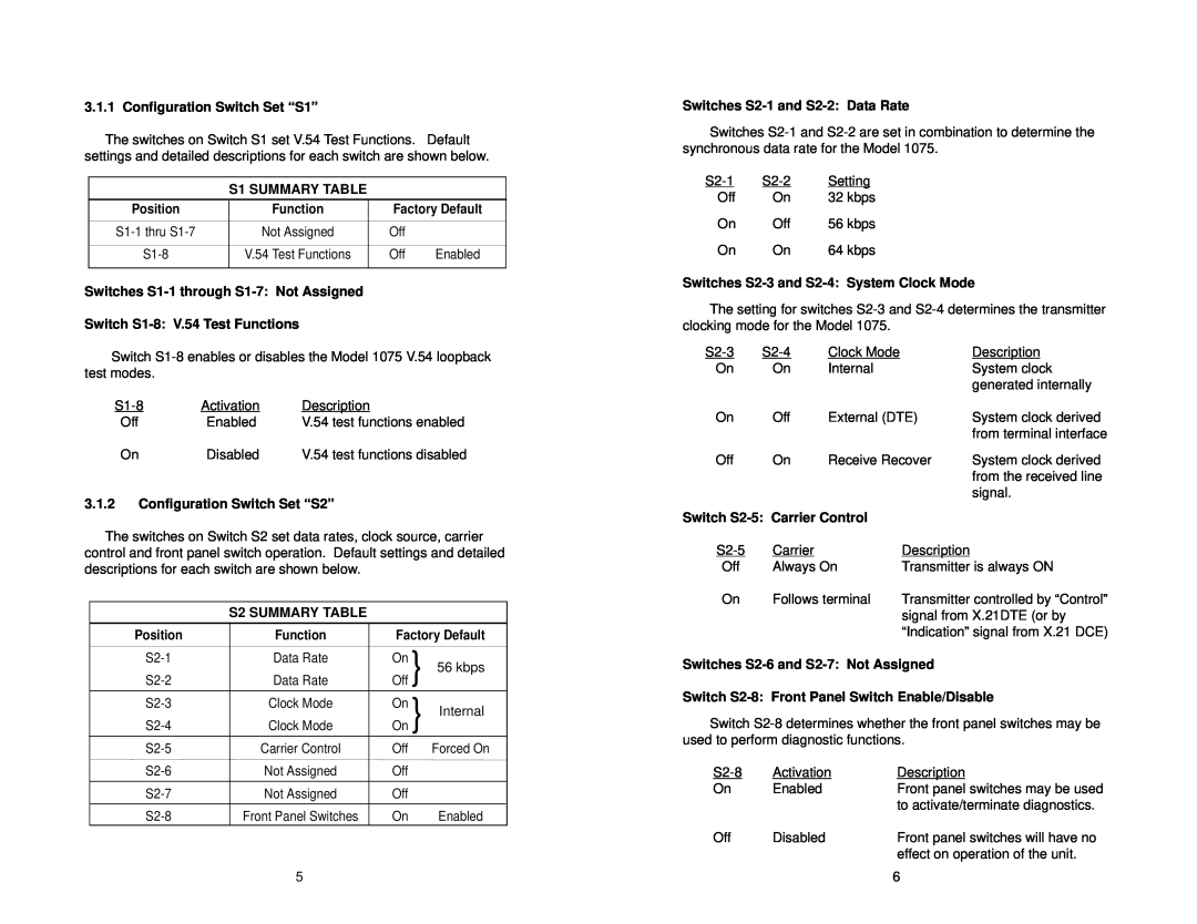 Patton electronic MODEL 1075 user manual Configuration Switch Set “S1” 