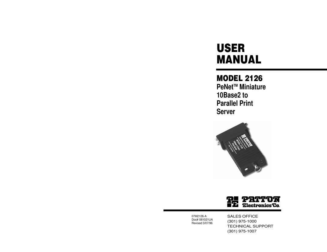 Patton electronic MODEL 2126 user manual User Manual, Model, PeNetTM Miniature 10Base2 to Parallel Print Server 