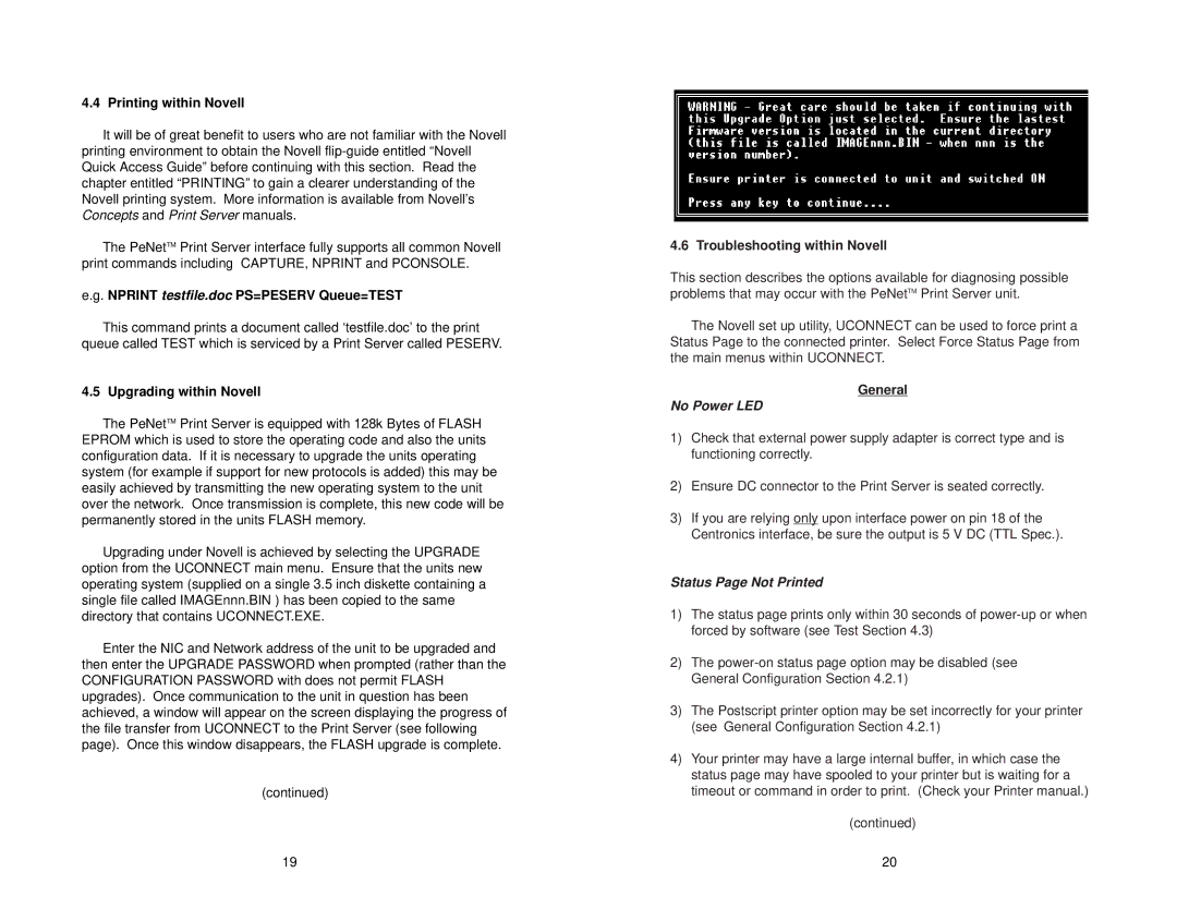 Patton electronic MODEL 2126 Printing within Novell, Nprint testfile.doc PS=PESERV Queue=TEST, Upgrading within Novell 