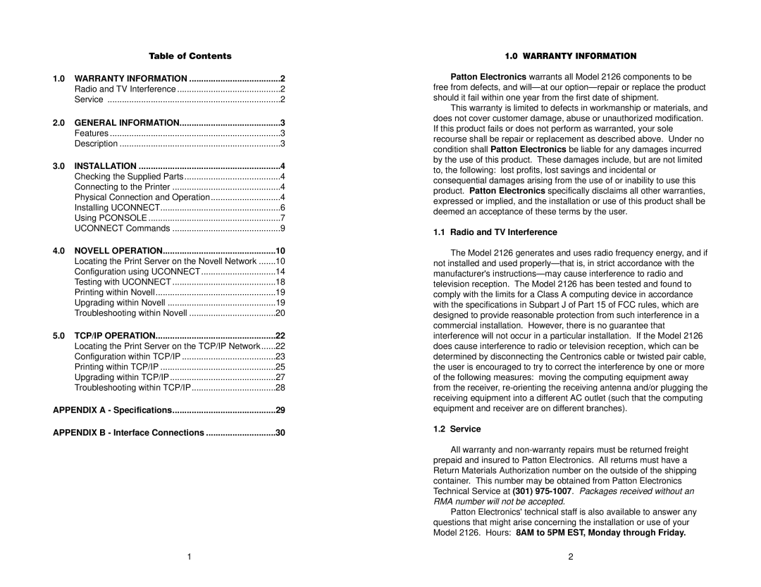 Patton electronic MODEL 2126 Warranty Information, General Information, Installation, Novell Operation, TCP/IP Operation 