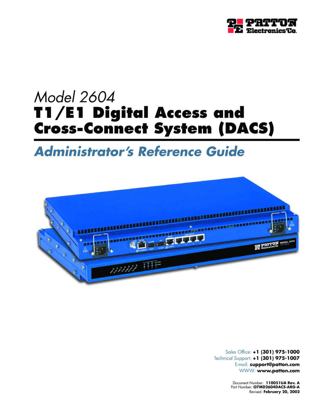 Patton electronic Model 2604 manual T1/E1 Digital Access and Cross-Connect System Dacs 