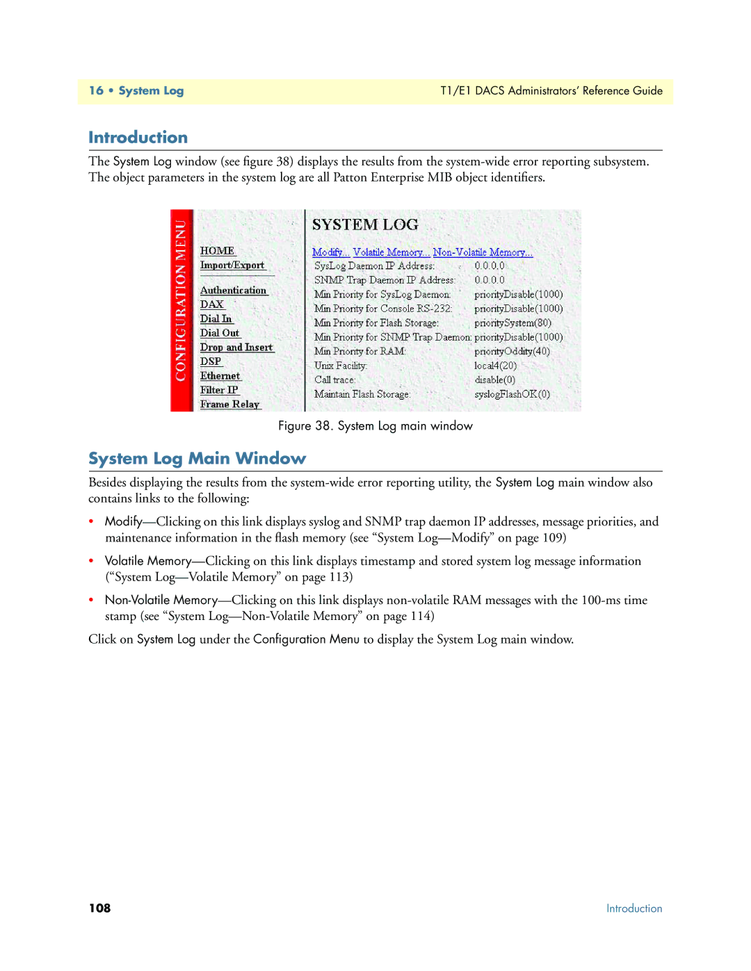 Patton electronic Model 2604 manual System Log Main Window, System Log main window 