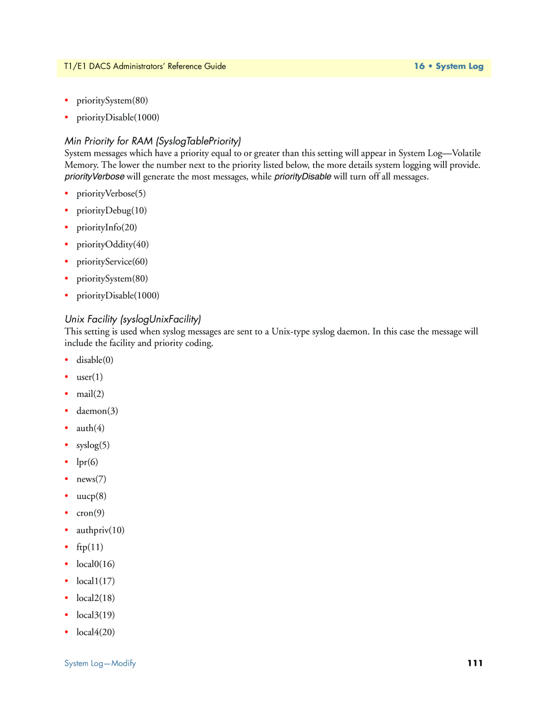 Patton electronic Model 2604 manual Min Priority for RAM SyslogTablePriority, Unix Facility syslogUnixFacility 