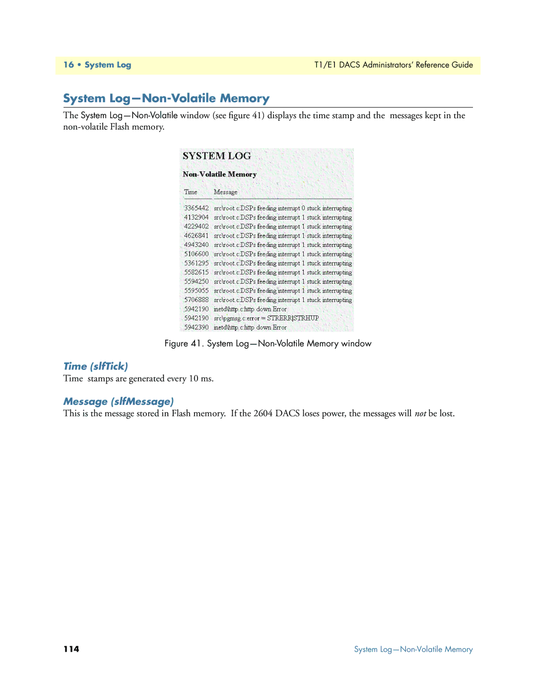 Patton electronic Model 2604 manual System Log-Non-Volatile Memory, Time slfTick, Message slfMessage 