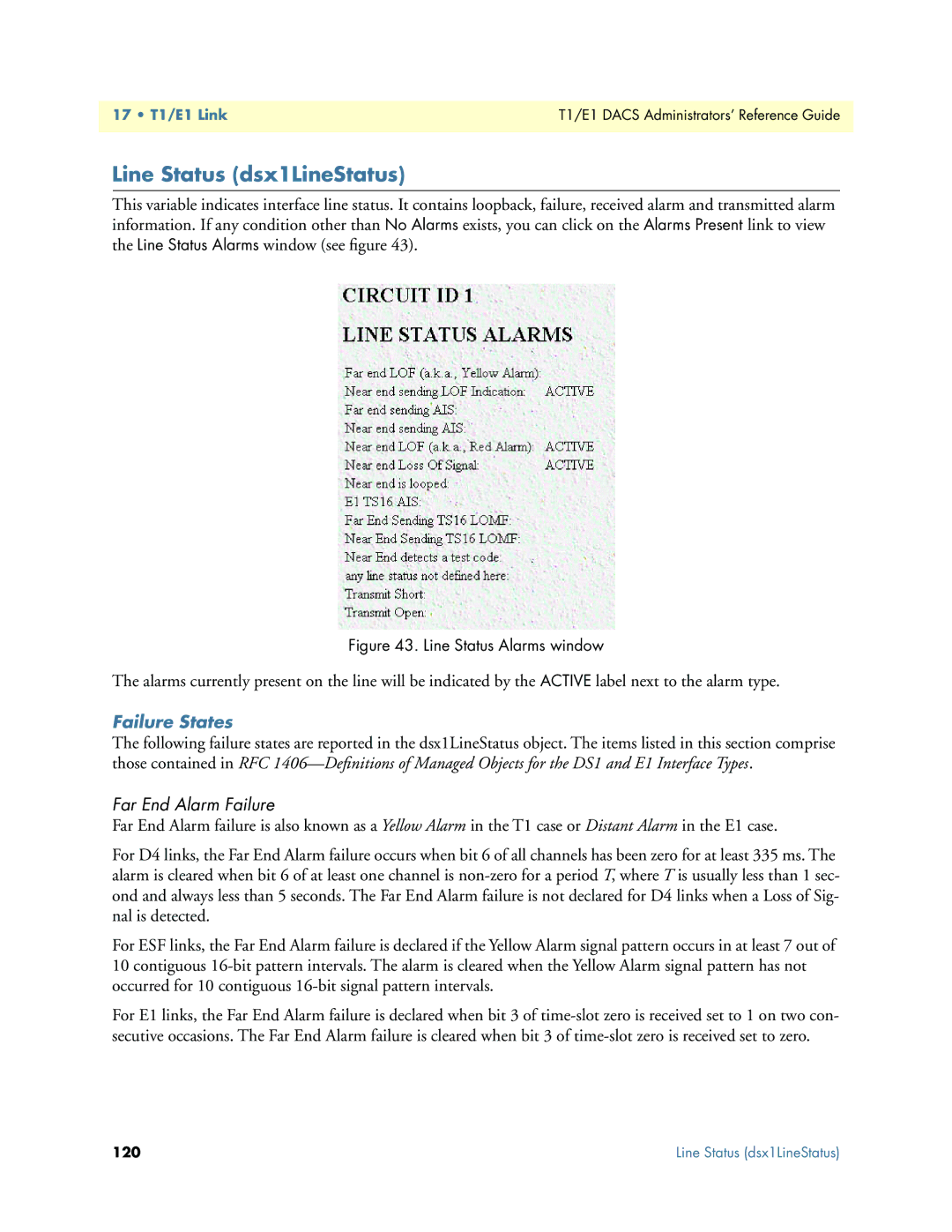 Patton electronic Model 2604 manual Line Status dsx1LineStatus, Failure States, Far End Alarm Failure 