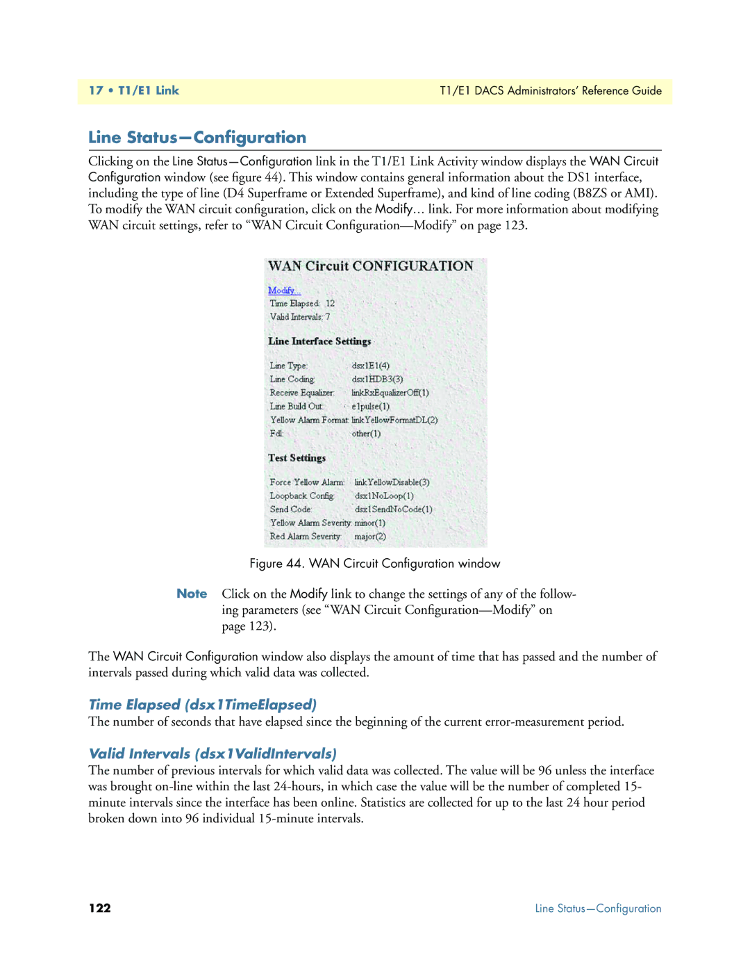 Patton electronic Model 2604 Line Status-Conﬁguration, Time Elapsed dsx1TimeElapsed, Valid Intervals dsx1ValidIntervals 