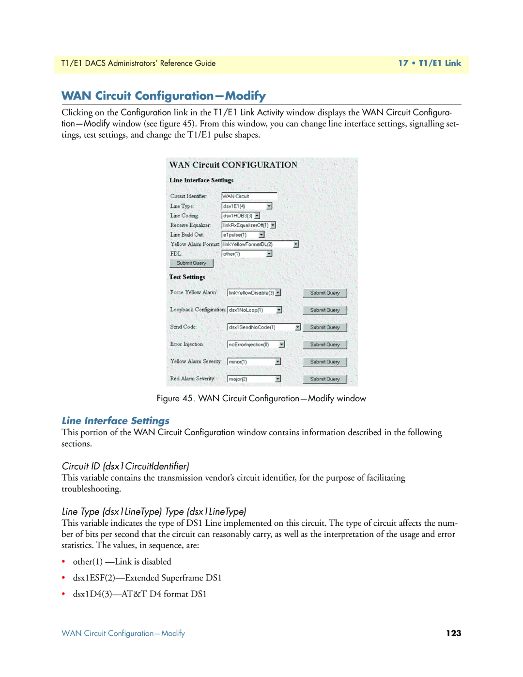 Patton electronic Model 2604 WAN Circuit Conﬁguration-Modify, Line Interface Settings, Circuit ID dsx1CircuitIdentiﬁer 