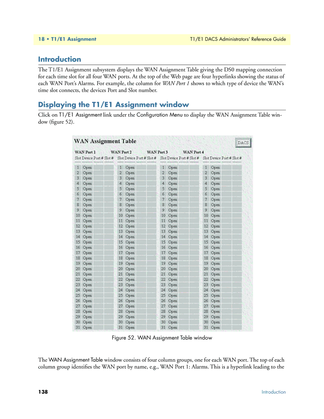 Patton electronic Model 2604 manual Displaying the T1/E1 Assignment window, WAN Assignment Table window 