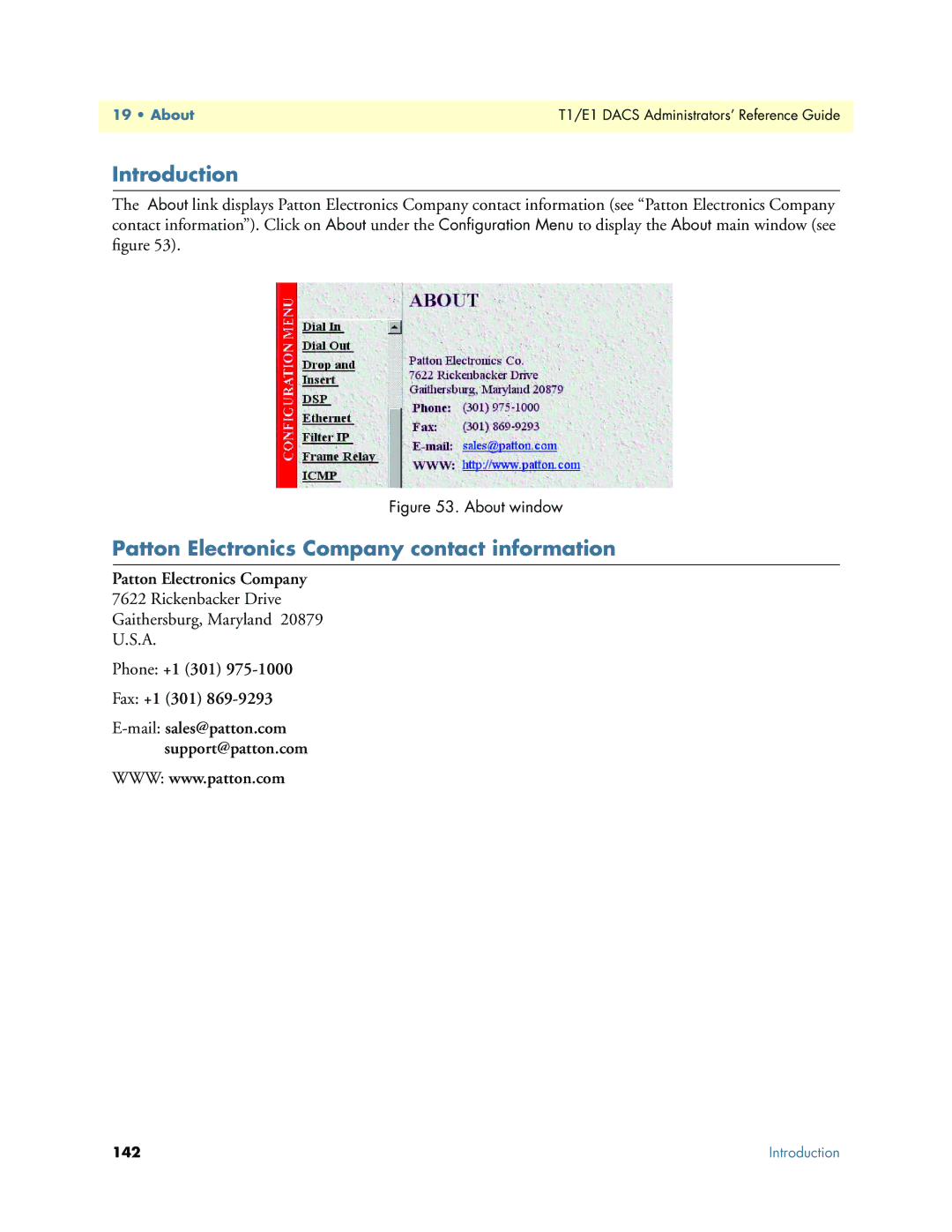 Patton electronic Model 2604 manual Patton Electronics Company contact information, About window 