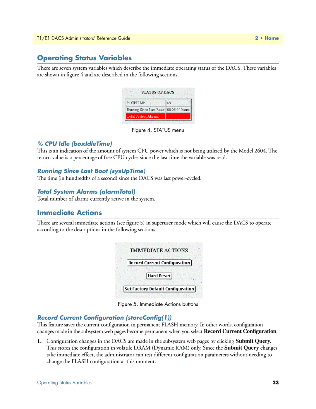 Patton electronic Model 2604 manual Operating Status Variables, Immediate Actions 