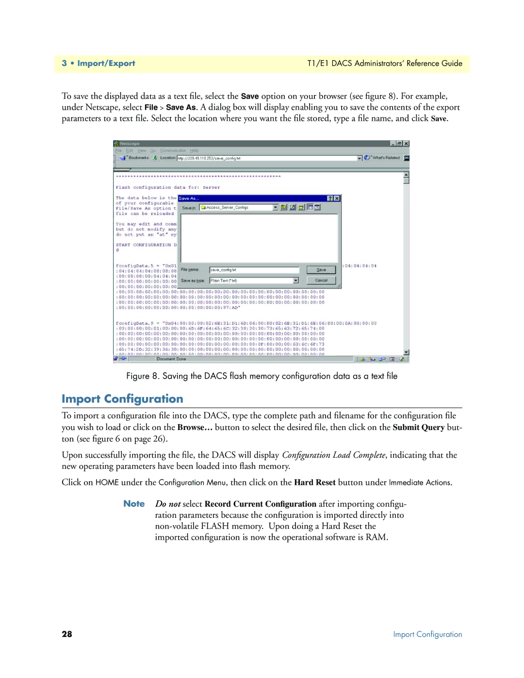 Patton electronic Model 2604 manual Import Conﬁguration, Saving the Dacs ﬂash memory conﬁguration data as a text ﬁle 