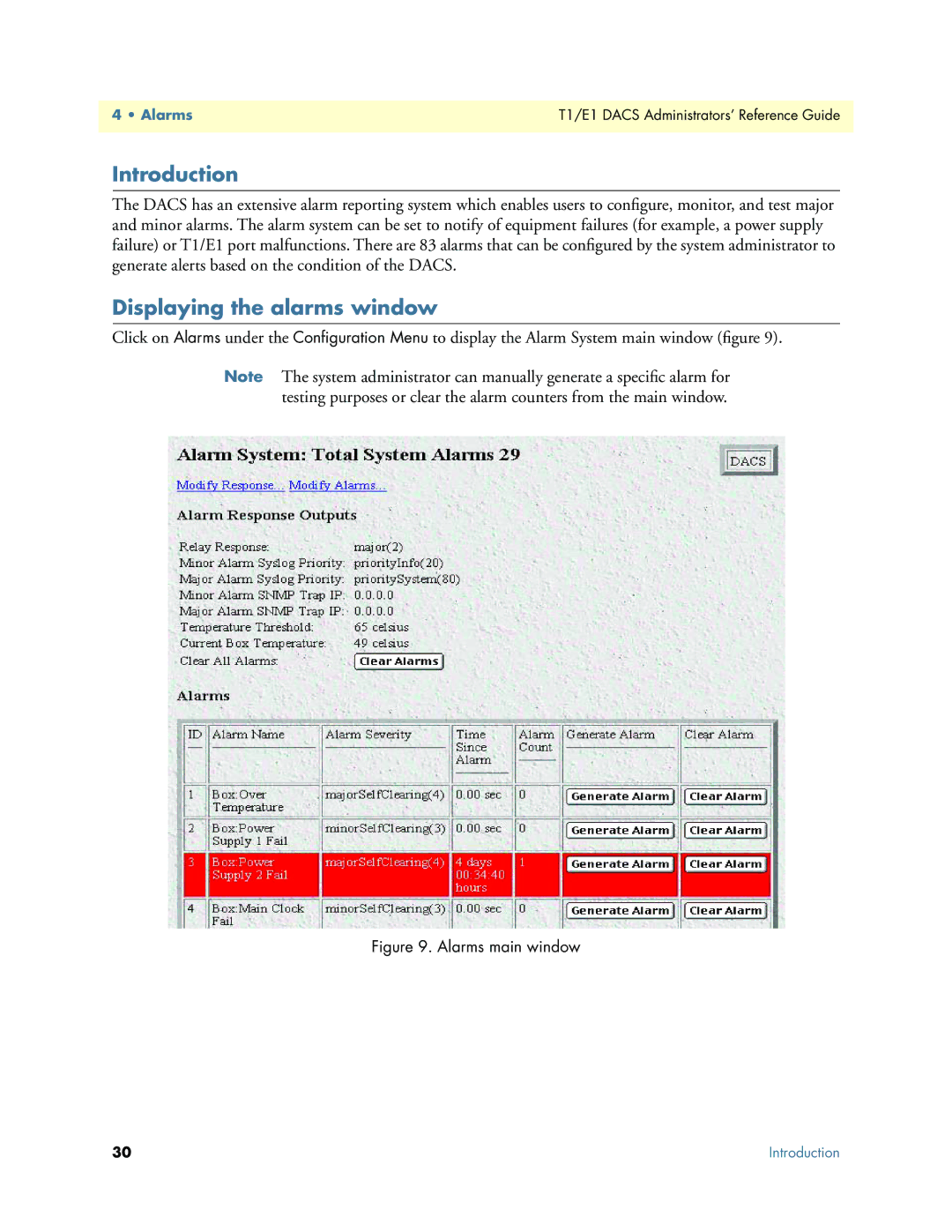 Patton electronic Model 2604 manual Displaying the alarms window, Alarms main window 