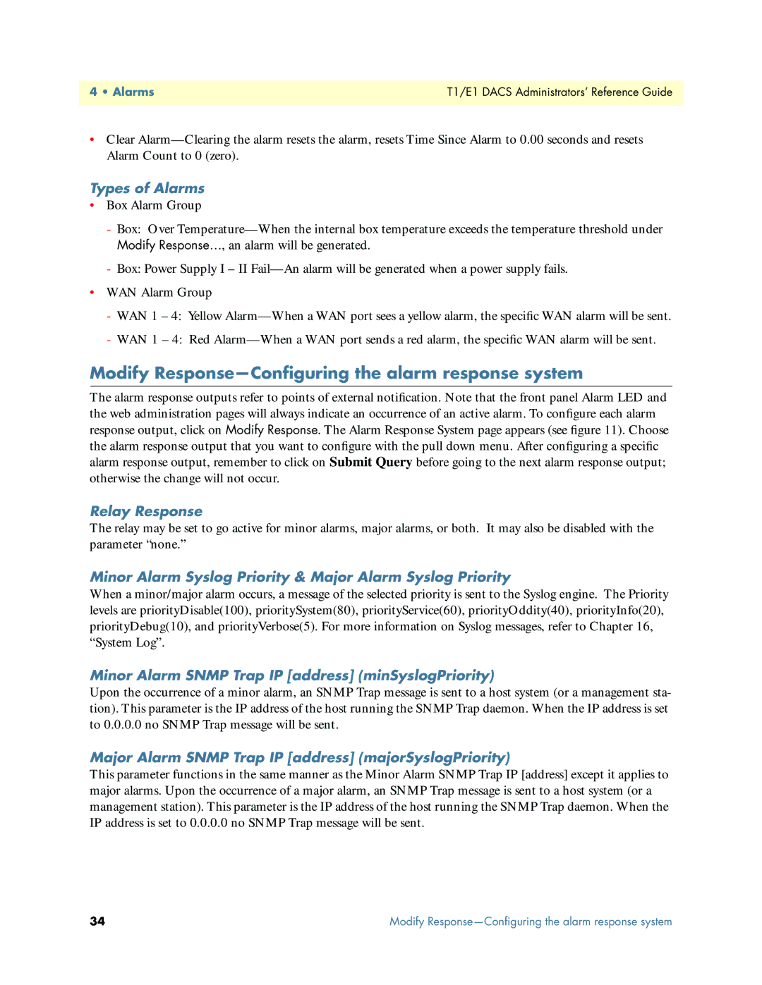 Patton electronic Model 2604 manual Modify Response-Conﬁguring the alarm response system 