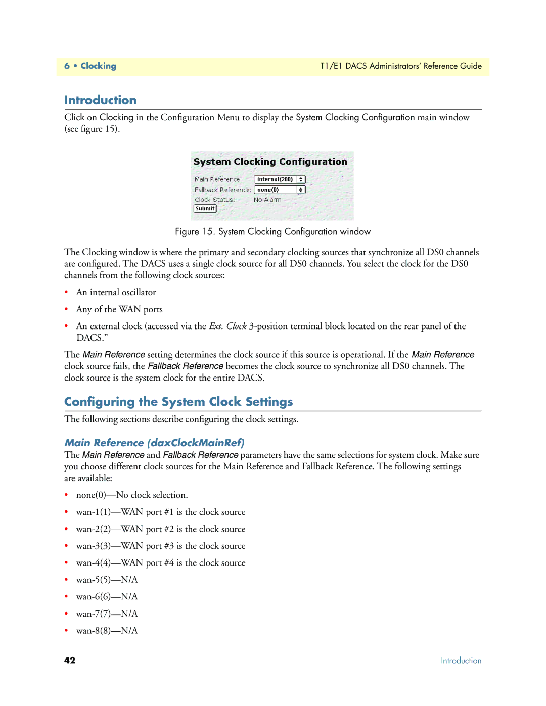 Patton electronic Model 2604 manual Conﬁguring the System Clock Settings, Main Reference daxClockMainRef 