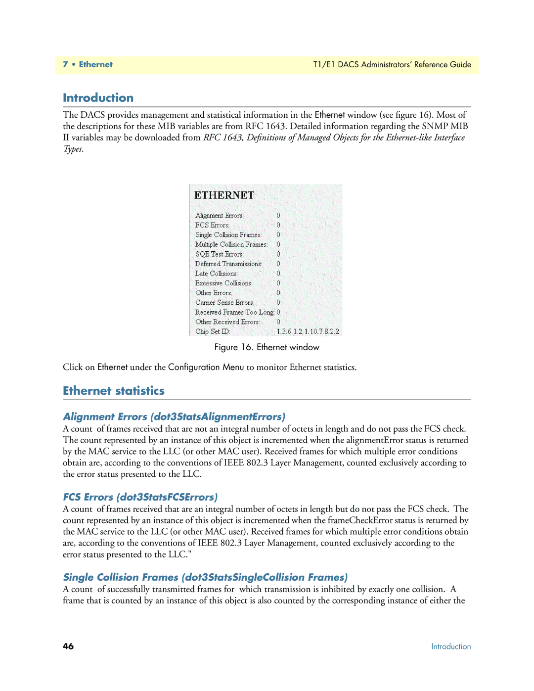 Patton electronic Model 2604 Ethernet statistics, Alignment Errors dot3StatsAlignmentErrors, FCS Errors dot3StatsFCSErrors 