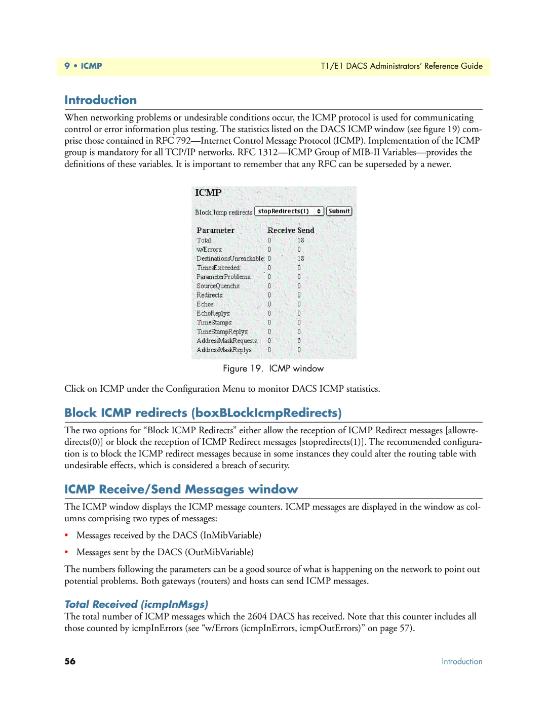 Patton electronic Model 2604 manual Block Icmp redirects boxBLockIcmpRedirects, Icmp Receive/Send Messages window 