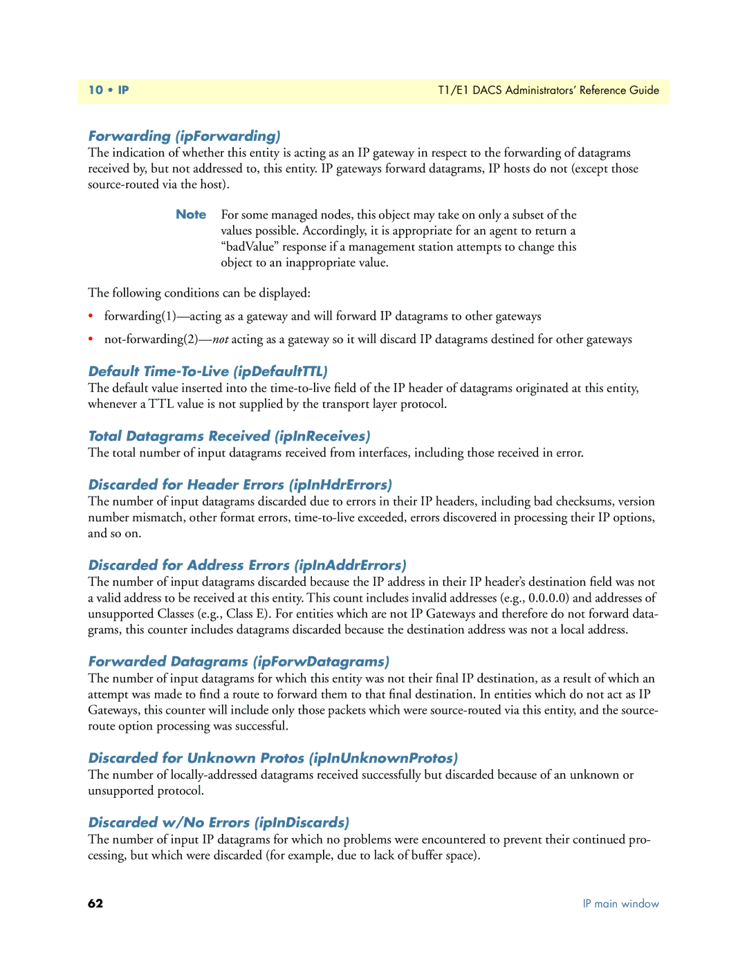 Patton electronic Model 2604 manual Forwarding ipForwarding, Default Time-To-Live ipDefaultTTL 