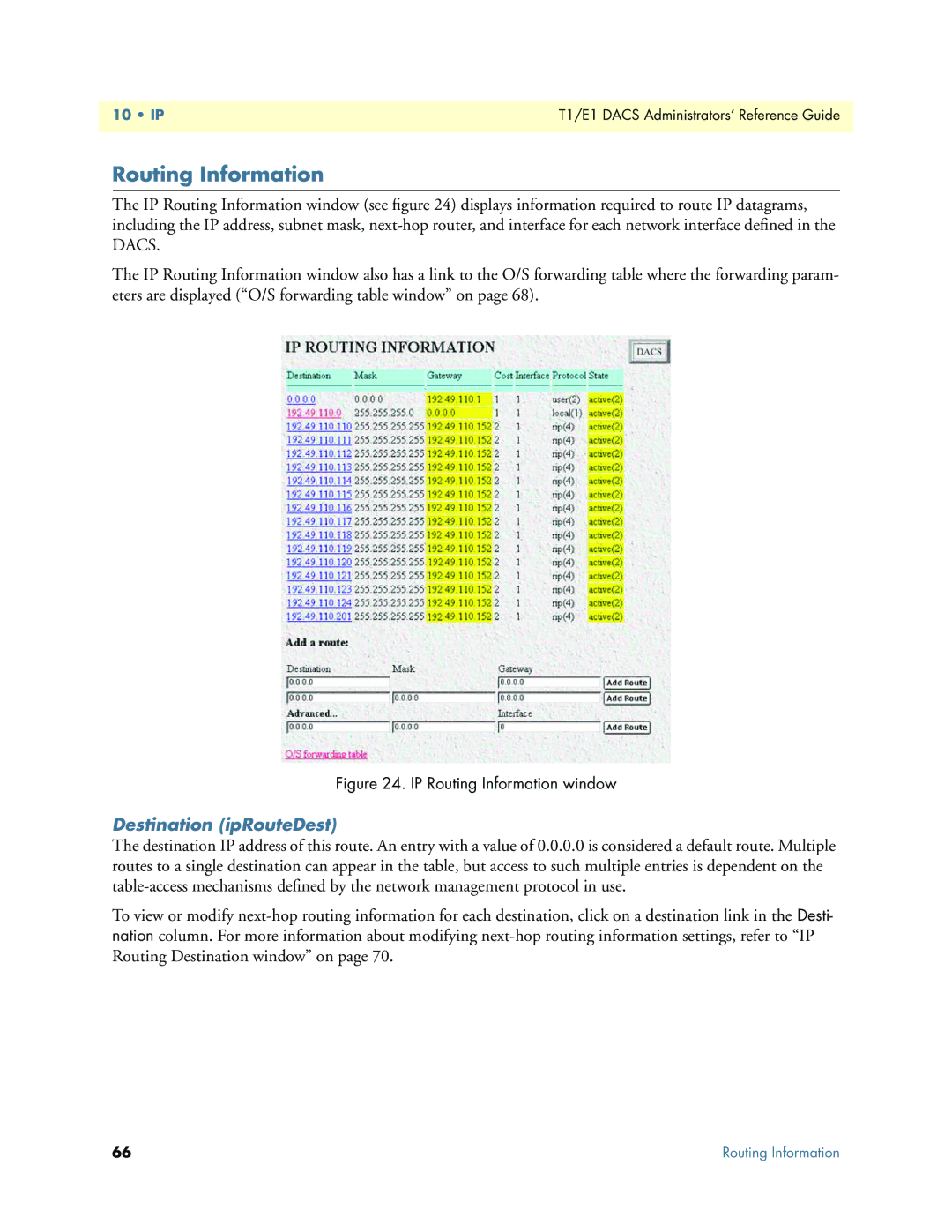 Patton electronic Model 2604 manual Routing Information, Destination ipRouteDest 