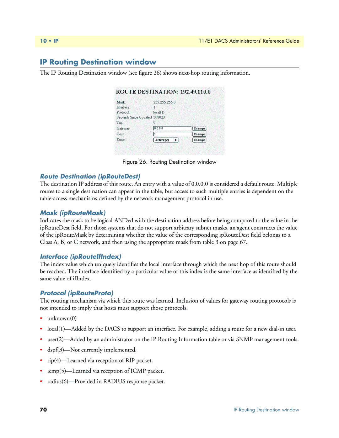 Patton electronic Model 2604 manual IP Routing Destination window, Route Destination ipRouteDest 