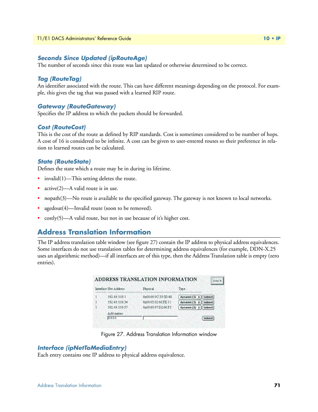 Patton electronic Model 2604 manual Address Translation Information, Seconds Since Updated ipRouteAge, Tag RouteTag 