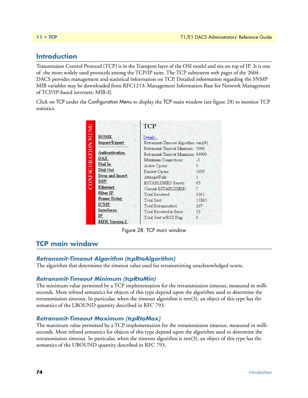 Patton electronic Model 2604 manual TCP main window, Retransmit-Timeout Algorithm tcpRtoAlgorithm 