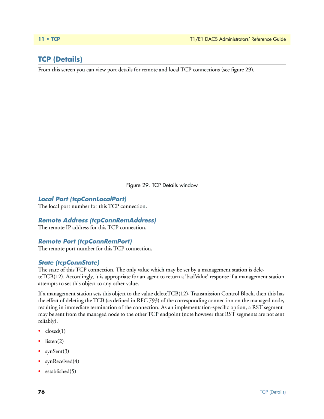 Patton electronic Model 2604 manual TCP Details, Local Port tcpConnLocalPort, Remote Address tcpConnRemAddress 