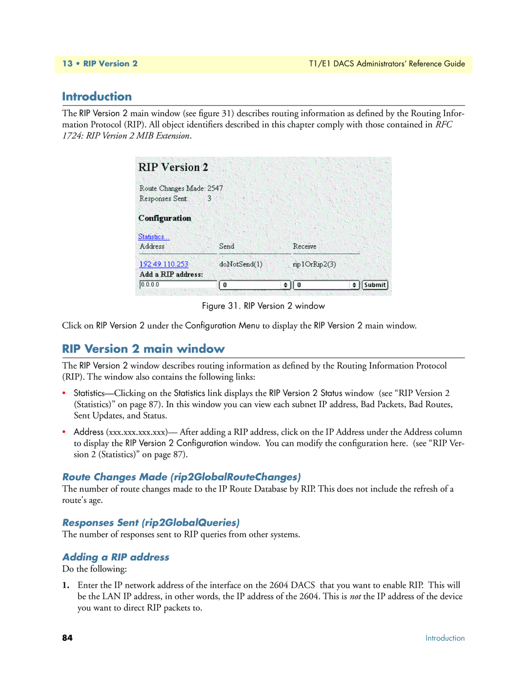 Patton electronic Model 2604 RIP Version 2 main window, Route Changes Made rip2GlobalRouteChanges, Adding a RIP address 