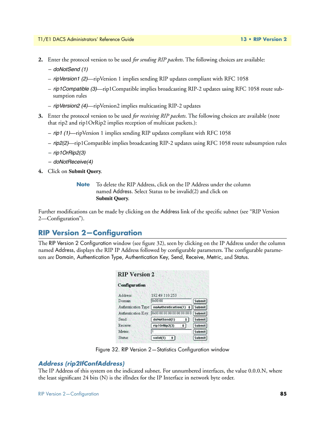 Patton electronic Model 2604 manual RIP Version 2-Conﬁguration, Address rip2IfConfAddress 