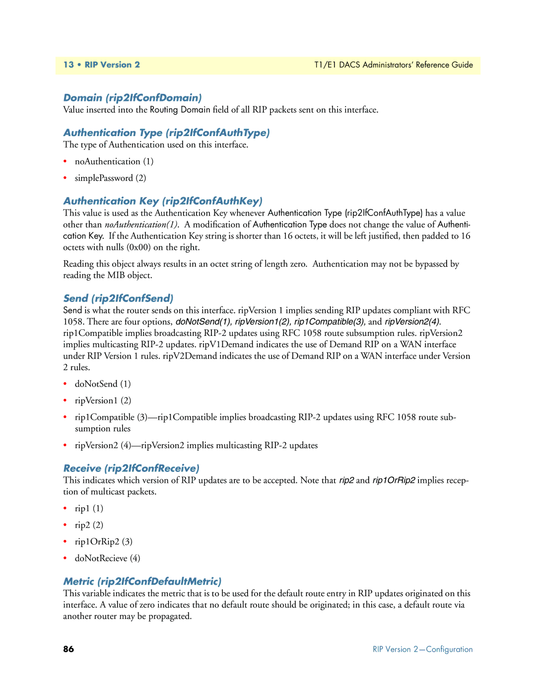 Patton electronic Model 2604 manual Domain rip2IfConfDomain, Authentication Type rip2IfConfAuthType, Send rip2IfConfSend 