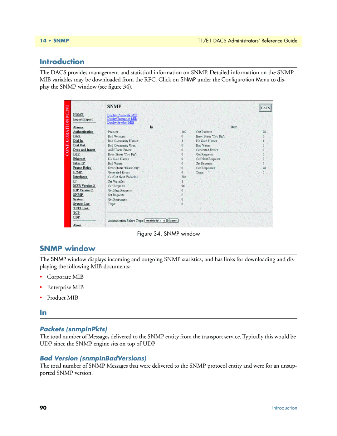 Patton electronic Model 2604 manual Snmp window, Packets snmpInPkts, Bad Version snmpInBadVersions 