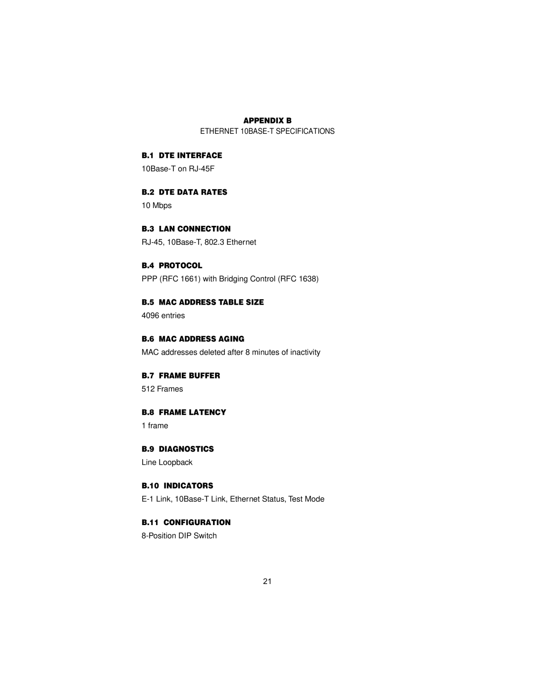 Patton electronic MODEL 2707/I Appendix B, DTE Interface, DTE Data Rates, LAN Connection, Protocol, MAC Address Table Size 