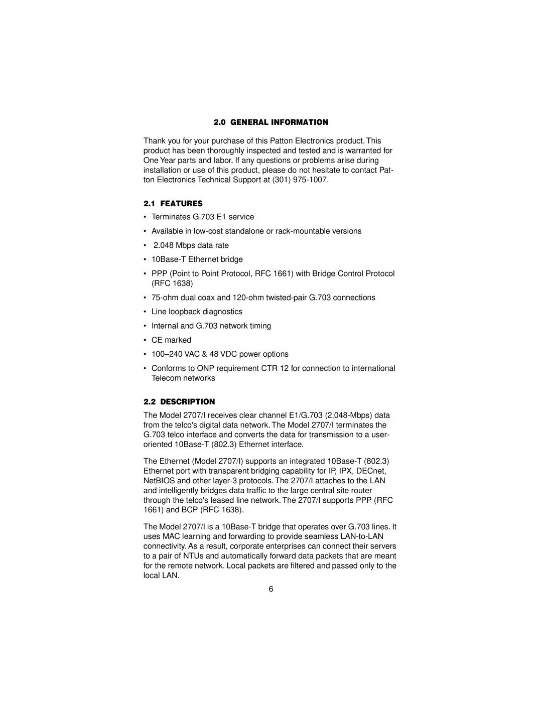 Patton electronic MODEL 2707/I user manual General Information, Features, Description 