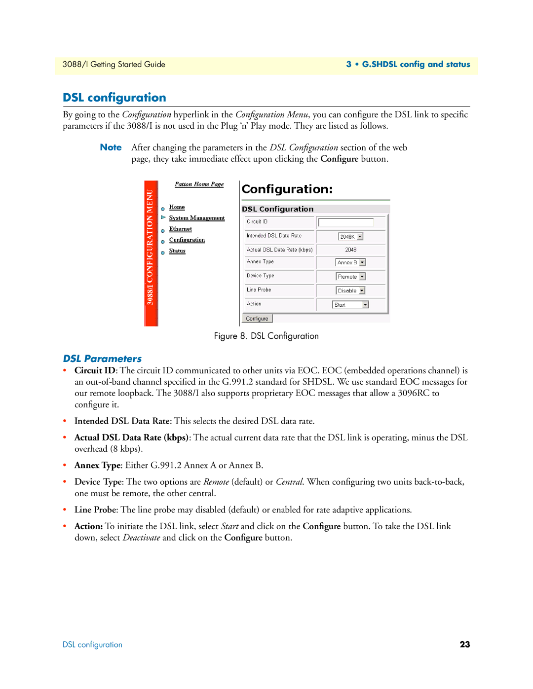 Patton electronic Model 3088/I manual DSL conﬁguration, DSL Parameters 