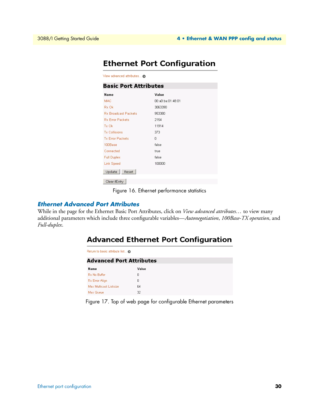 Patton electronic Model 3088/I manual Ethernet Advanced Port Attributes, Ethernet performance statistics 