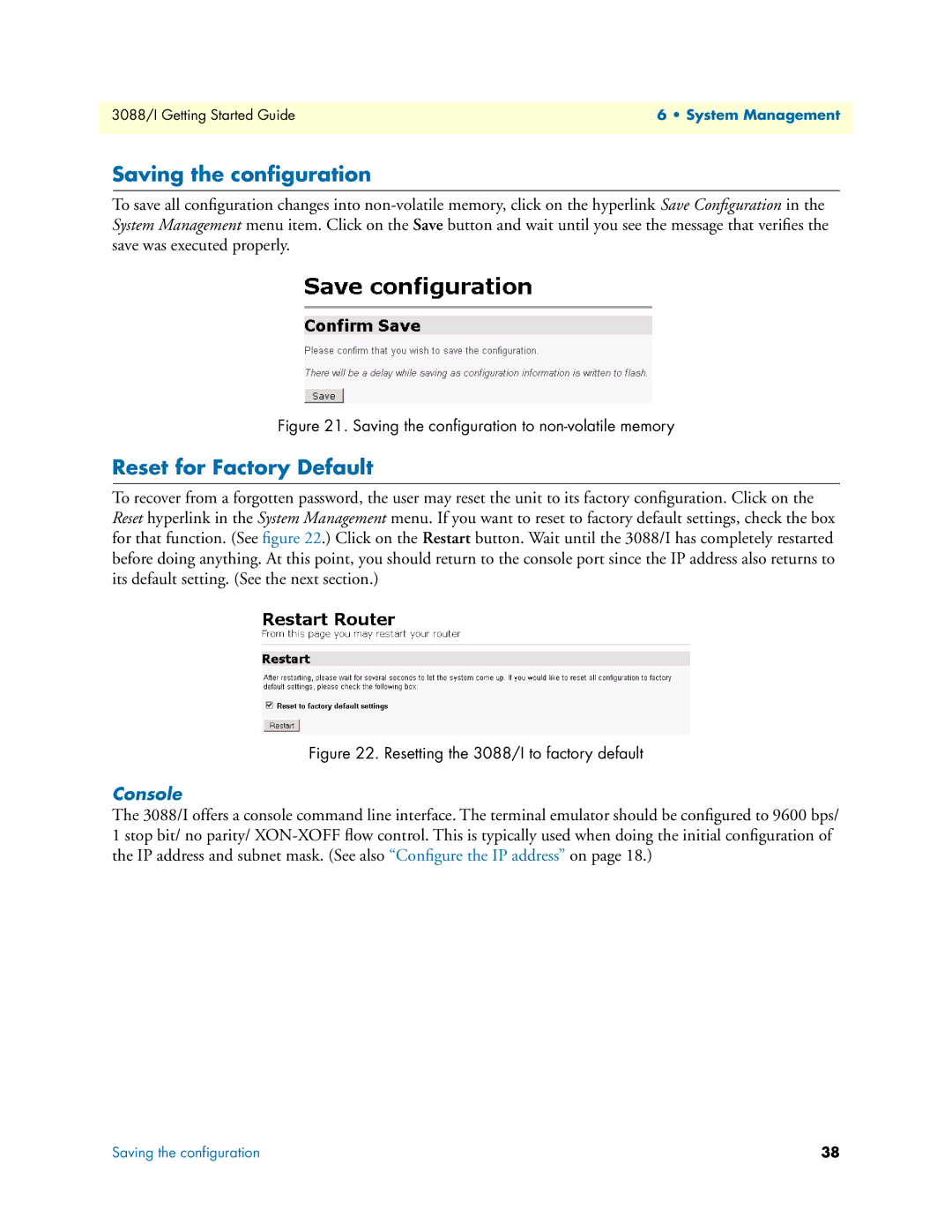 Patton electronic Model 3088/I manual Saving the conﬁguration, Reset for Factory Default, Console 