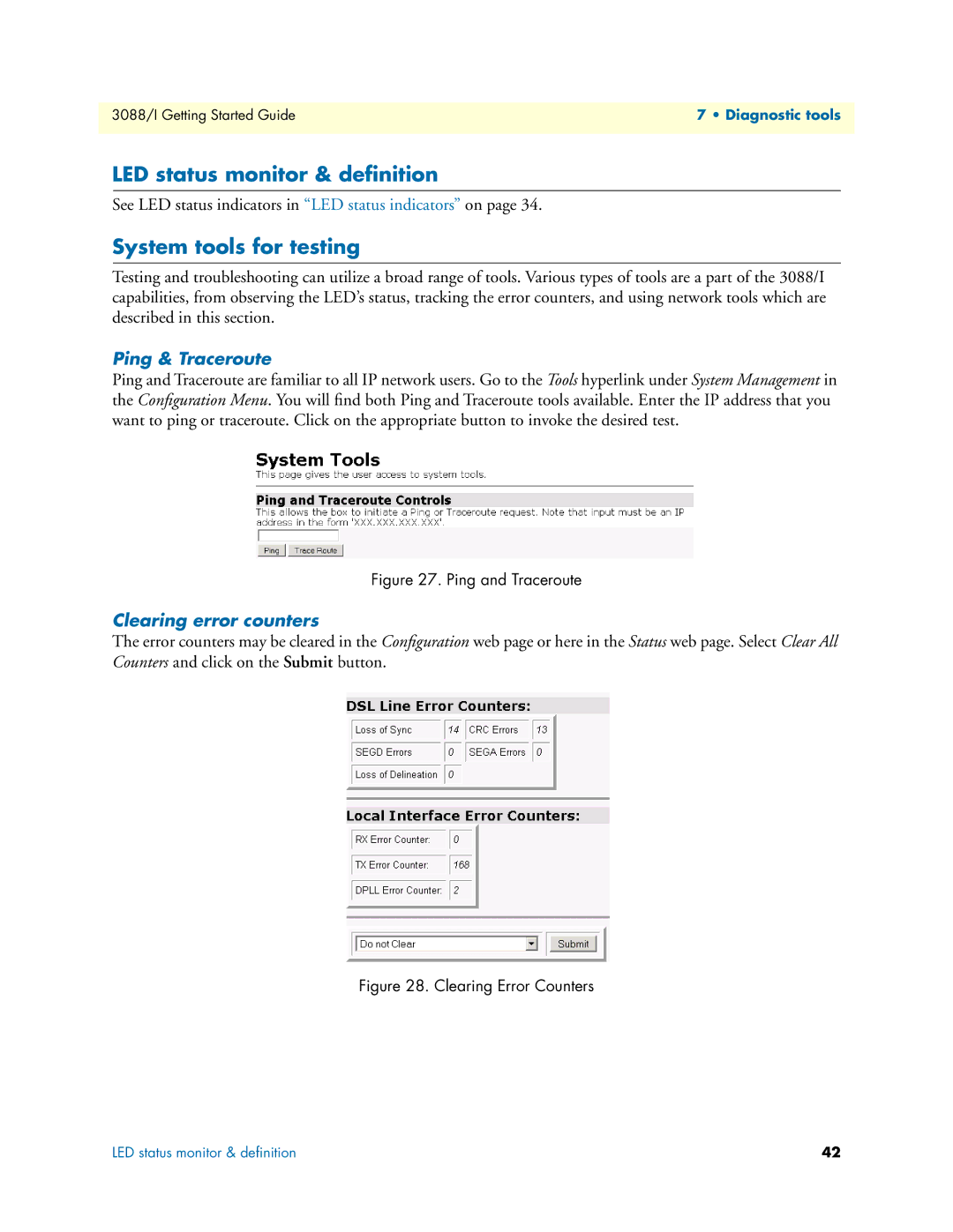 Patton electronic Model 3088/I manual LED status monitor & deﬁnition, System tools for testing, Ping & Traceroute 