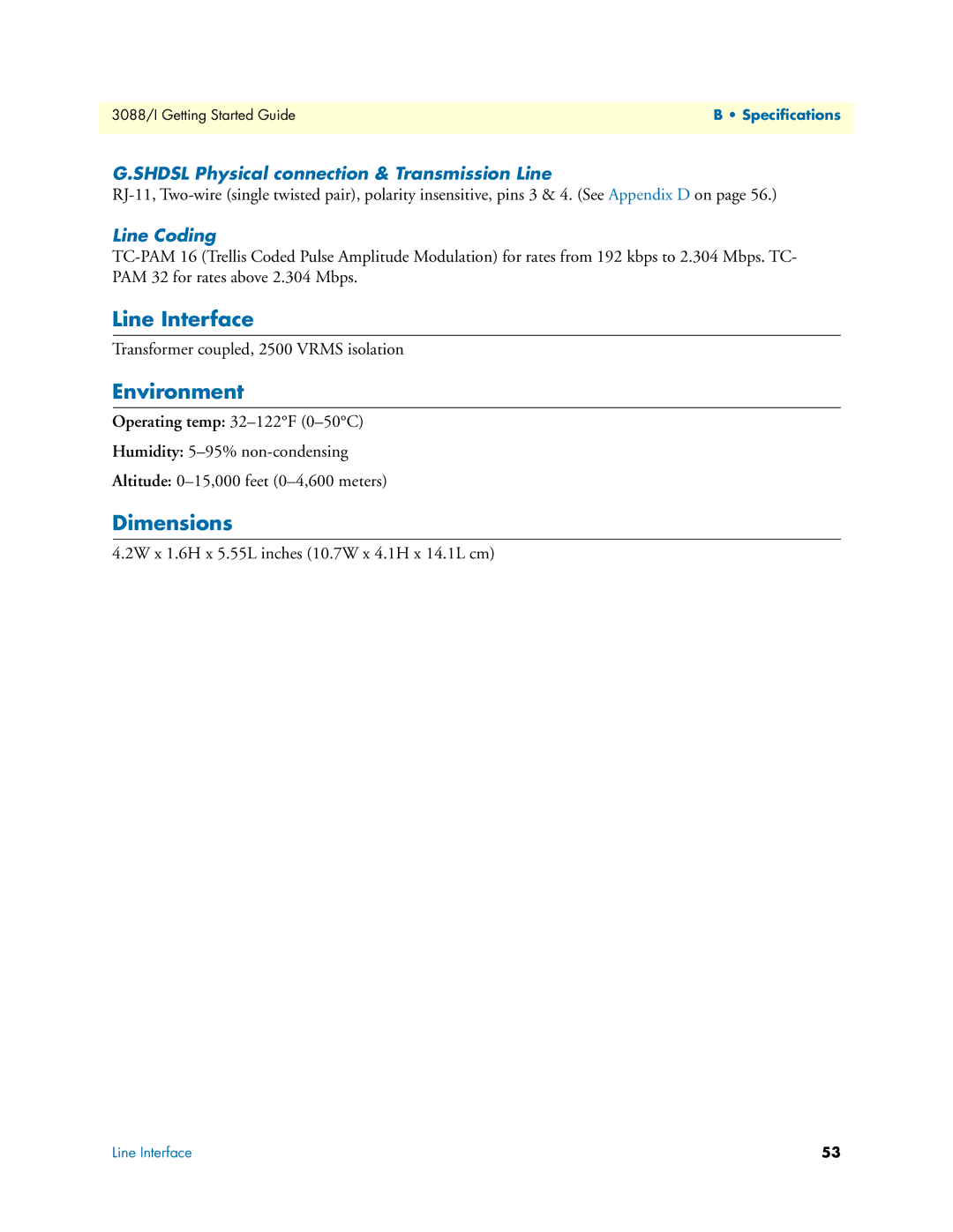 Patton electronic Model 3088/I Line Interface, Environment, Dimensions, Shdsl Physical connection & Transmission Line 