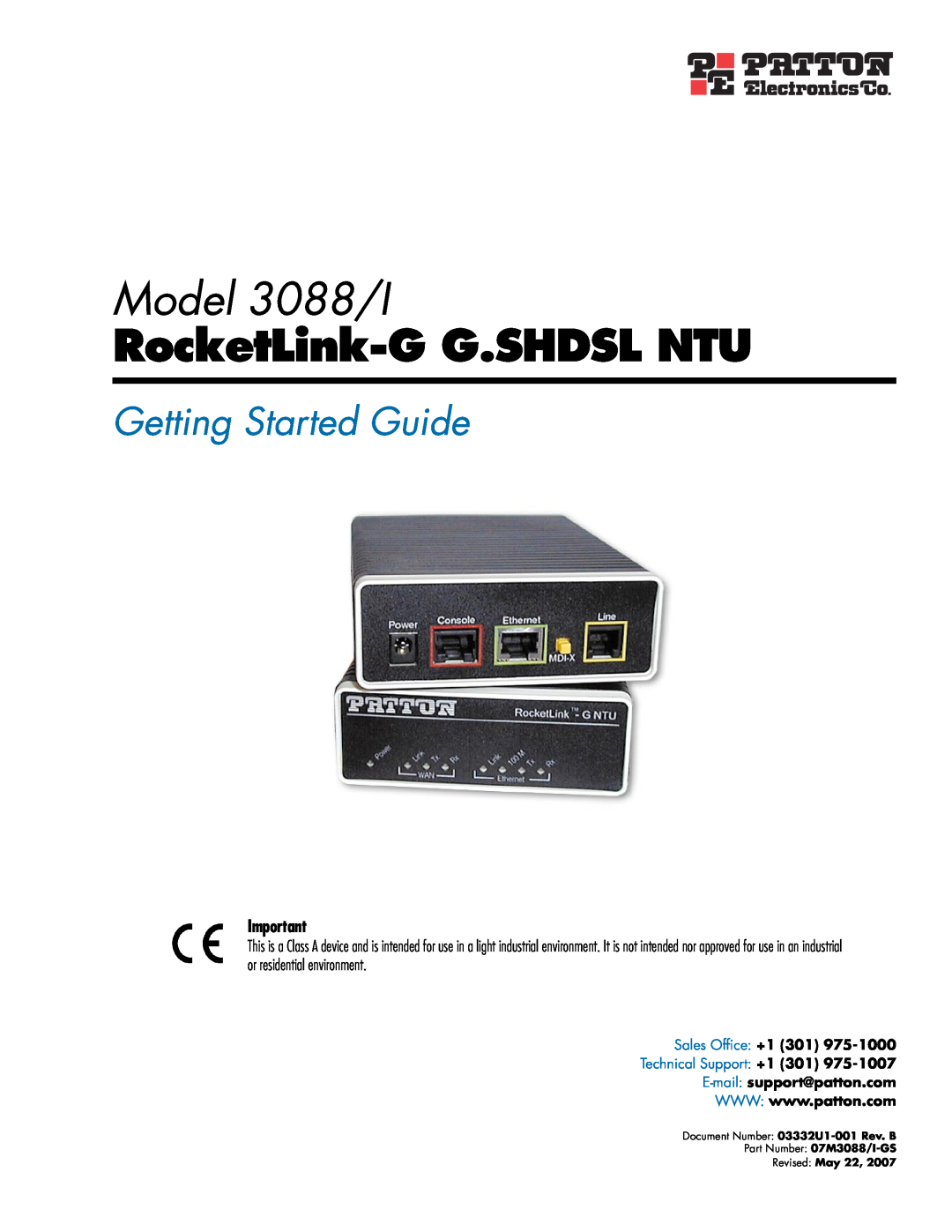 Patton electronic Model 3088/I manual RocketLink-G G.SHDSL NTU, Getting Started Guide, Sales Ofﬁce +1 301, Revised May 22 