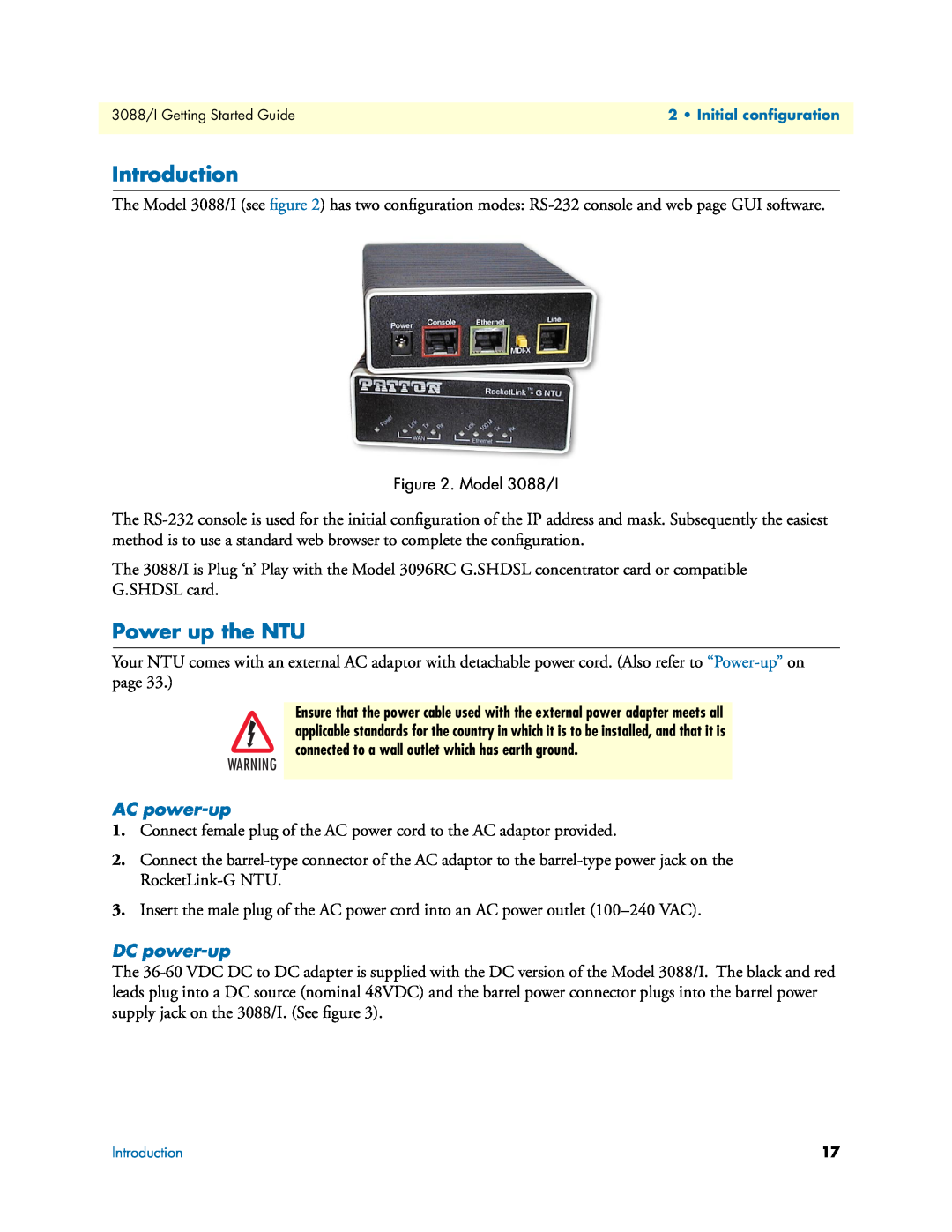 Patton electronic Model 3088/I manual Introduction, Power up the NTU, AC power-up, DC power-up 
