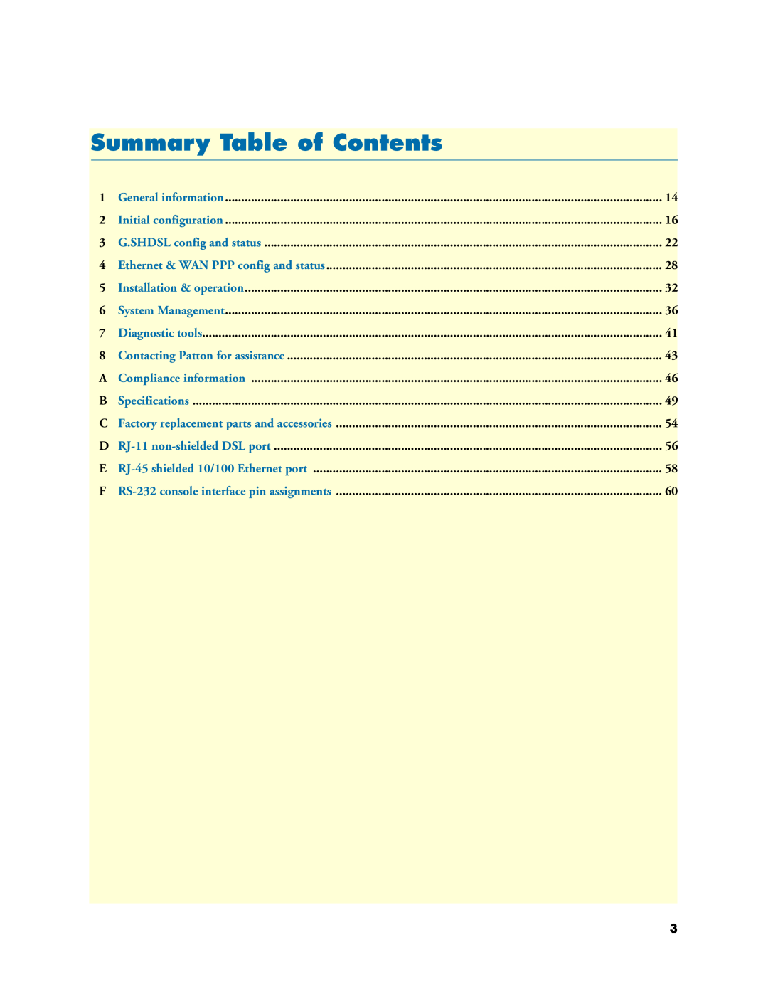Patton electronic Model 3088/I manual Summary Table of Contents 