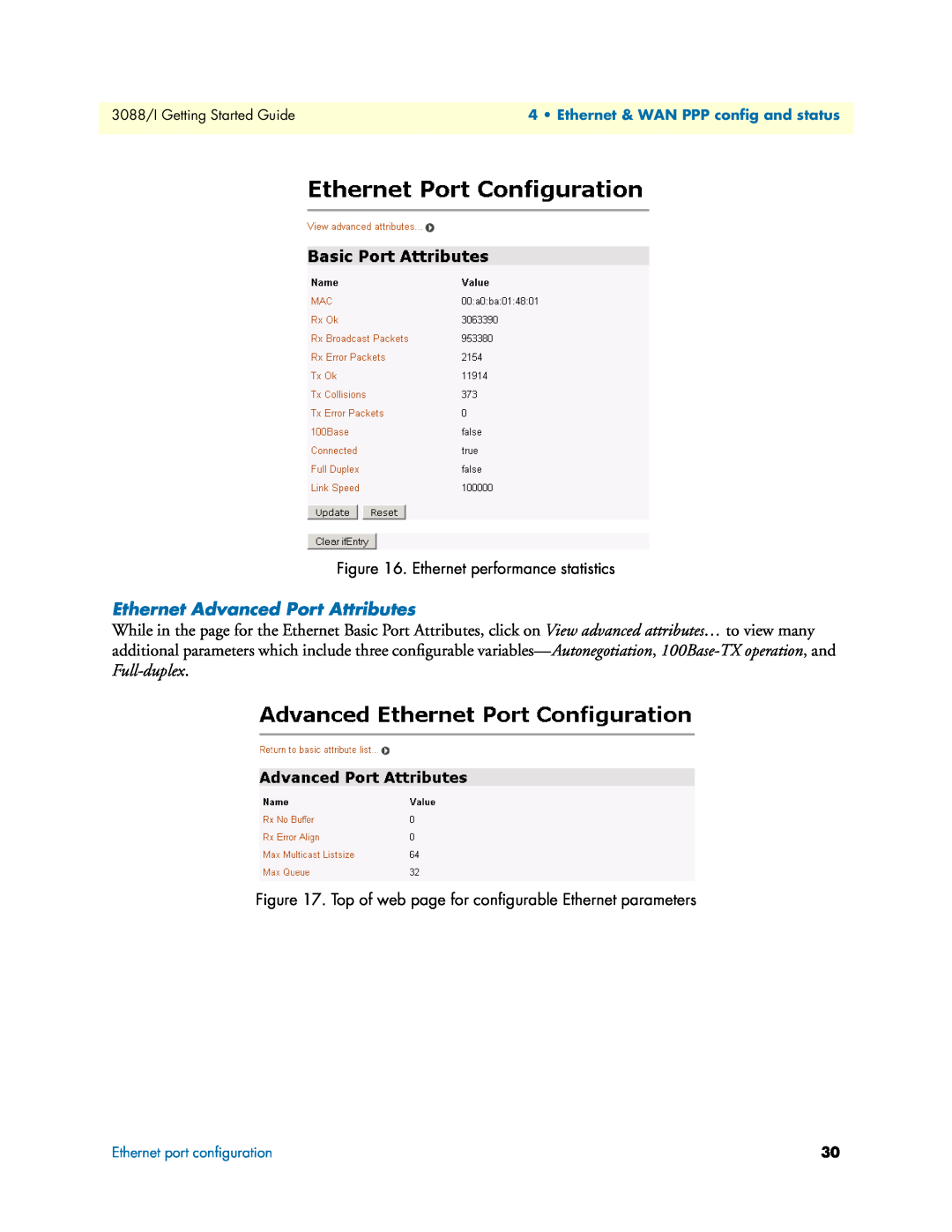 Patton electronic Model 3088/I manual Ethernet Advanced Port Attributes, Ethernet performance statistics 