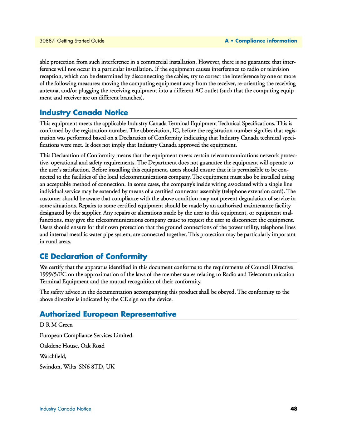 Patton electronic Model 3088/I Industry Canada Notice, CE Declaration of Conformity, Authorized European Representative 