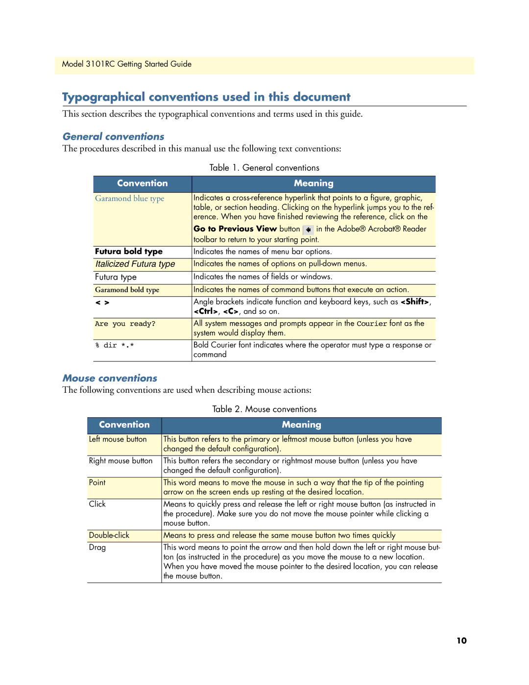 Patton electronic Model 3101RC Typographical conventions used in this document, General conventions, Mouse conventions 