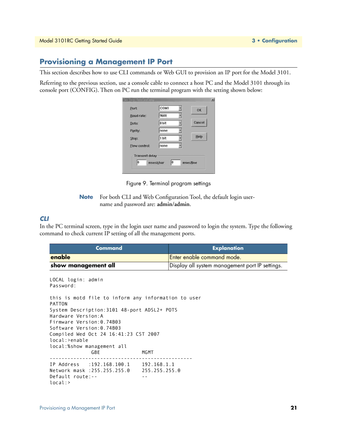 Patton electronic Model 3101RC manual Provisioning a Management IP Port, Cli 