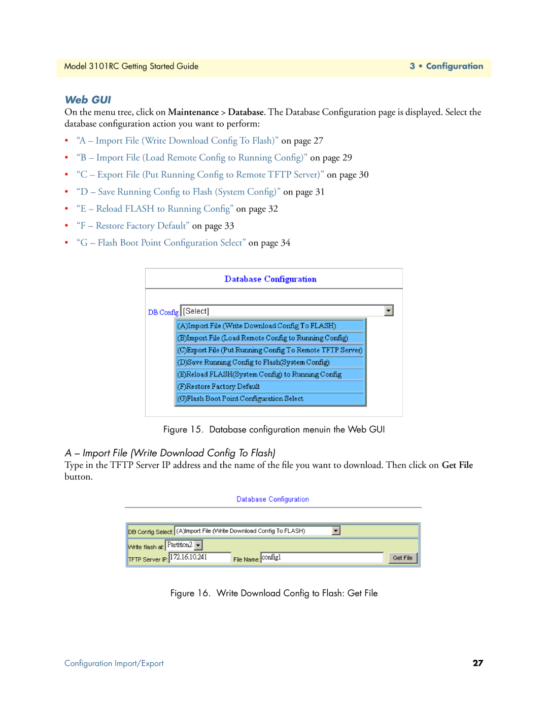 Patton electronic Model 3101RC manual Import File Write Download Conﬁg To Flash, Database conﬁguration menuin the Web GUI 