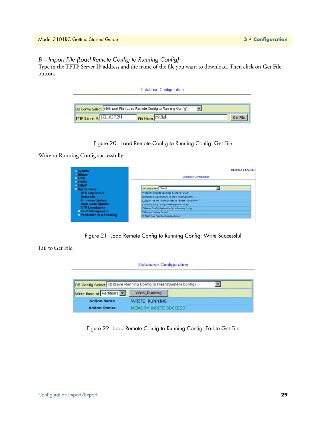 Patton electronic Model 3101RC Import File Load Remote Conﬁg to Running Conﬁg, Load Remote Conﬁg to Running Conﬁg Get File 