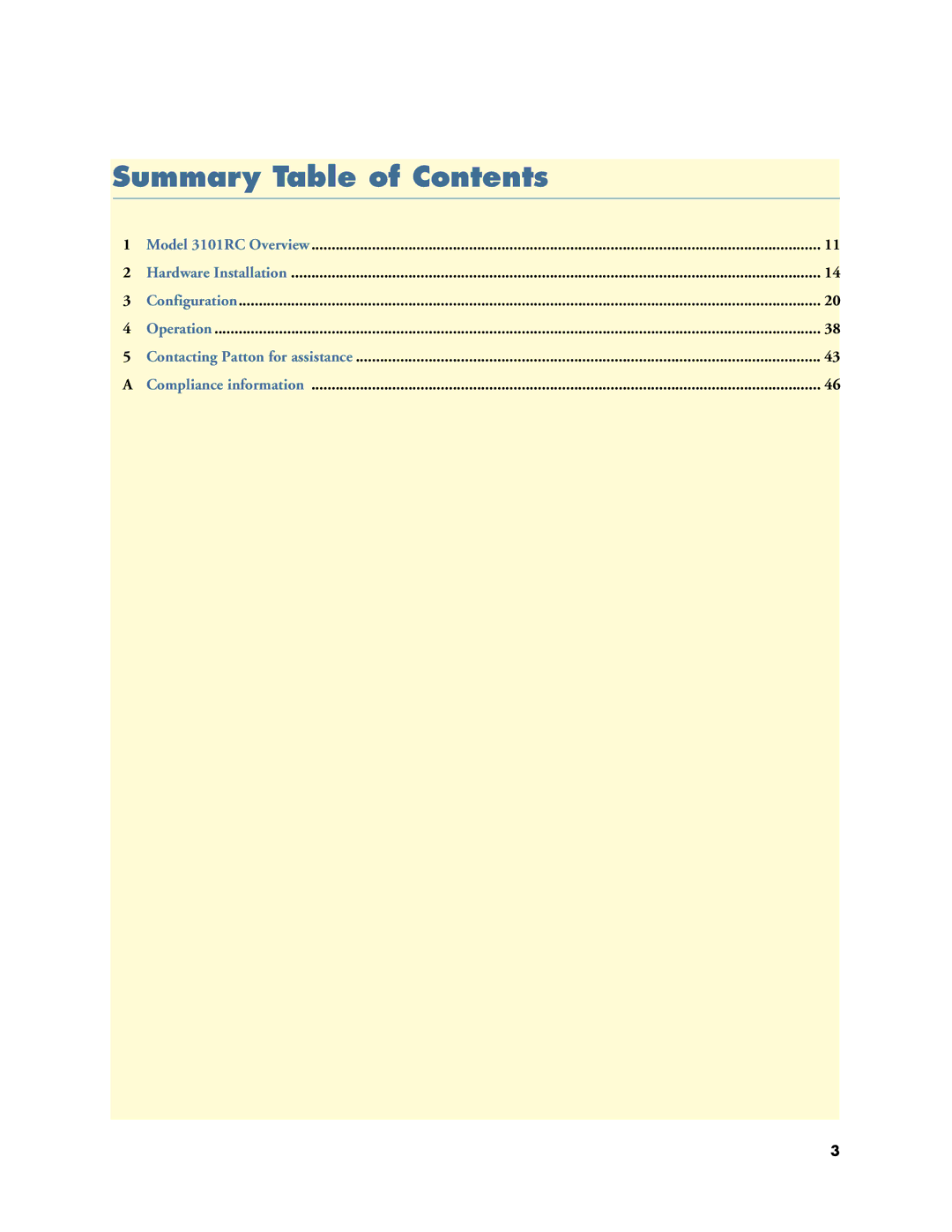 Patton electronic Model 3101RC manual Summary Table of Contents 