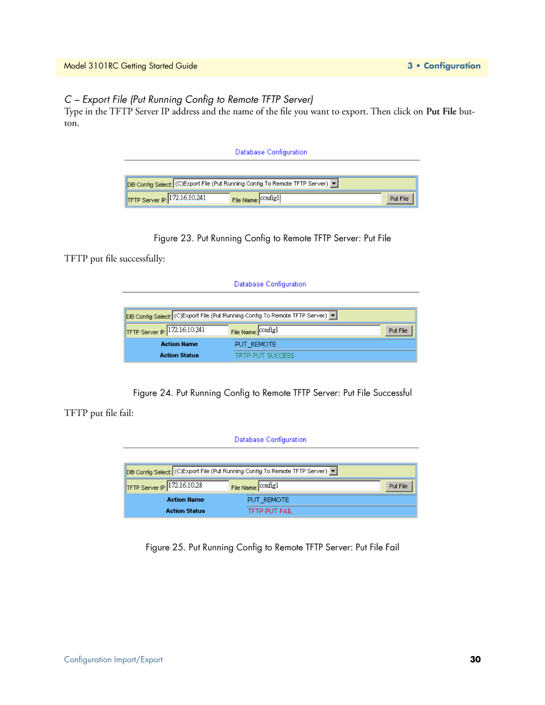 Patton electronic Model 3101RC manual Export File Put Running Conﬁg to Remote Tftp Server 