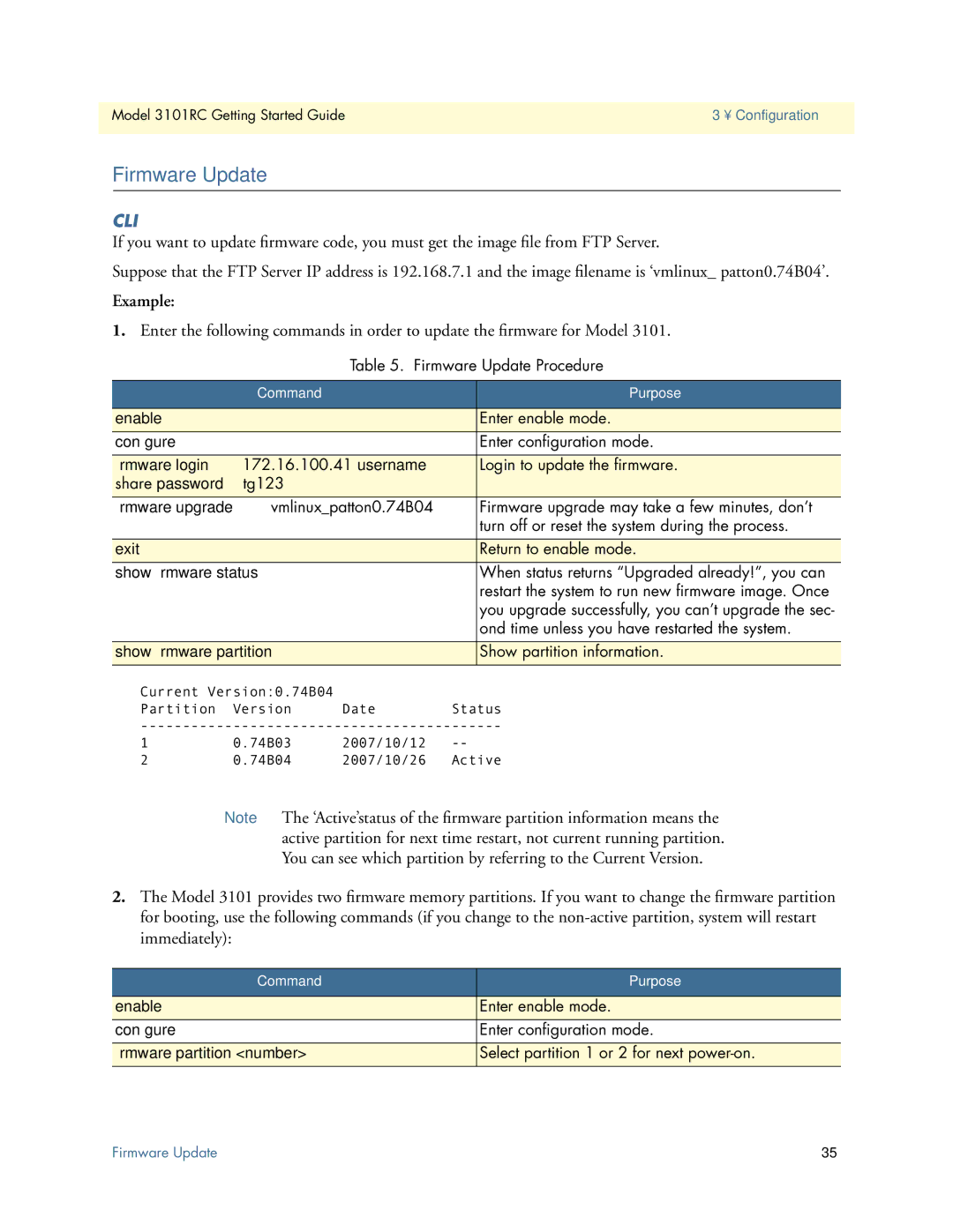 Patton electronic Model 3101RC manual Firmware Update, ﬁrmware login 172.16.100.41 username 