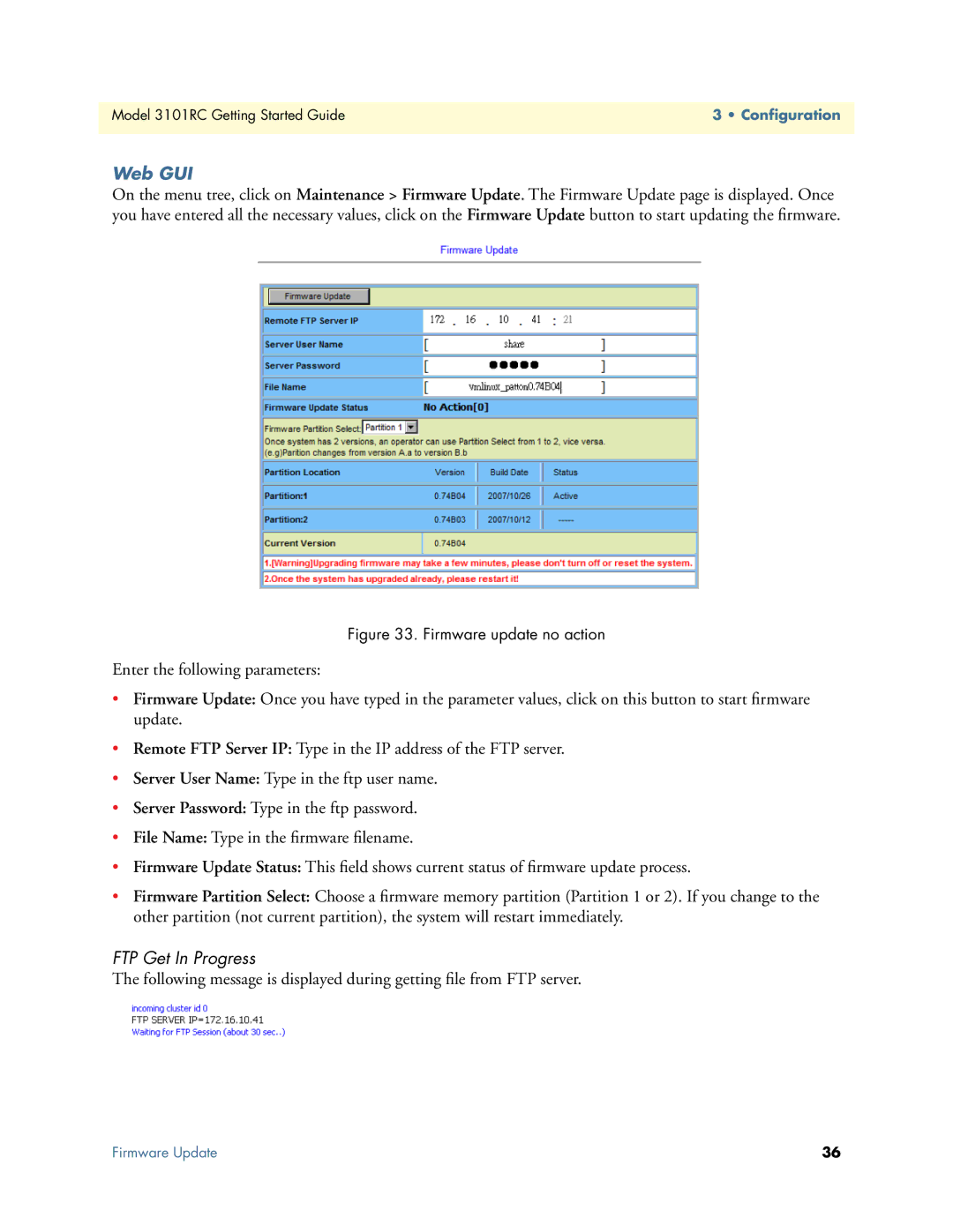 Patton electronic Model 3101RC manual FTP Get In Progress, Firmware update no action 